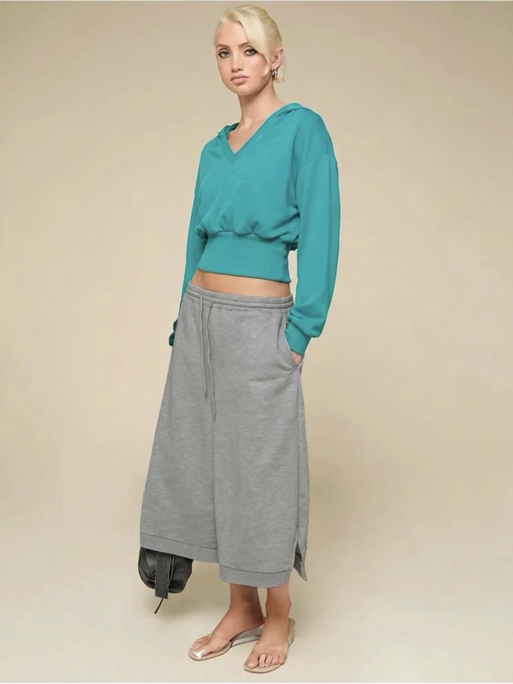 Relaxed Gray Wide-Leg Bermuda Shorts with Drawstring Waist - Gray
